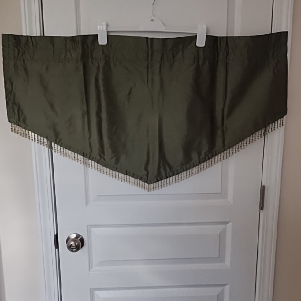 Beaded Silk Valance Hippie Boho Chic Artsy Living Room Bedroom Sage Green White